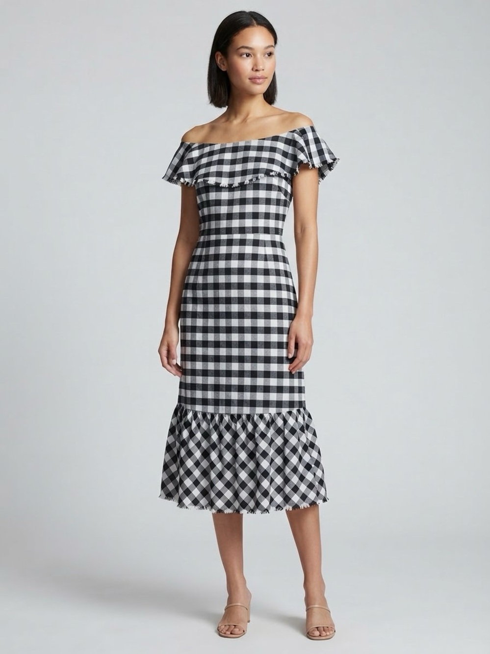 Ann Taylor Black & White Gingham Off-the-Shoulder Midi Dress Size 8